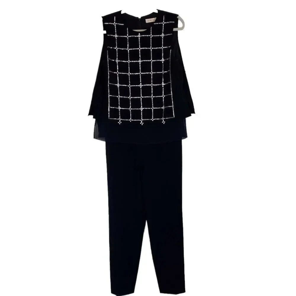 TORY BURCH Betsy Jumpsuit Beaded Black White Metallic Size Small Elegant Chic